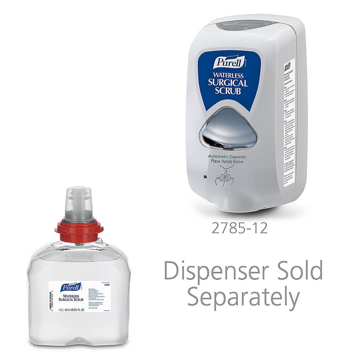 Purell Waterless Surgical Scrub Gel TFX refill bottle displayed next to a compatible automatic wall-mounted dispenser, labeled “Dispenser Sold Separately.”
